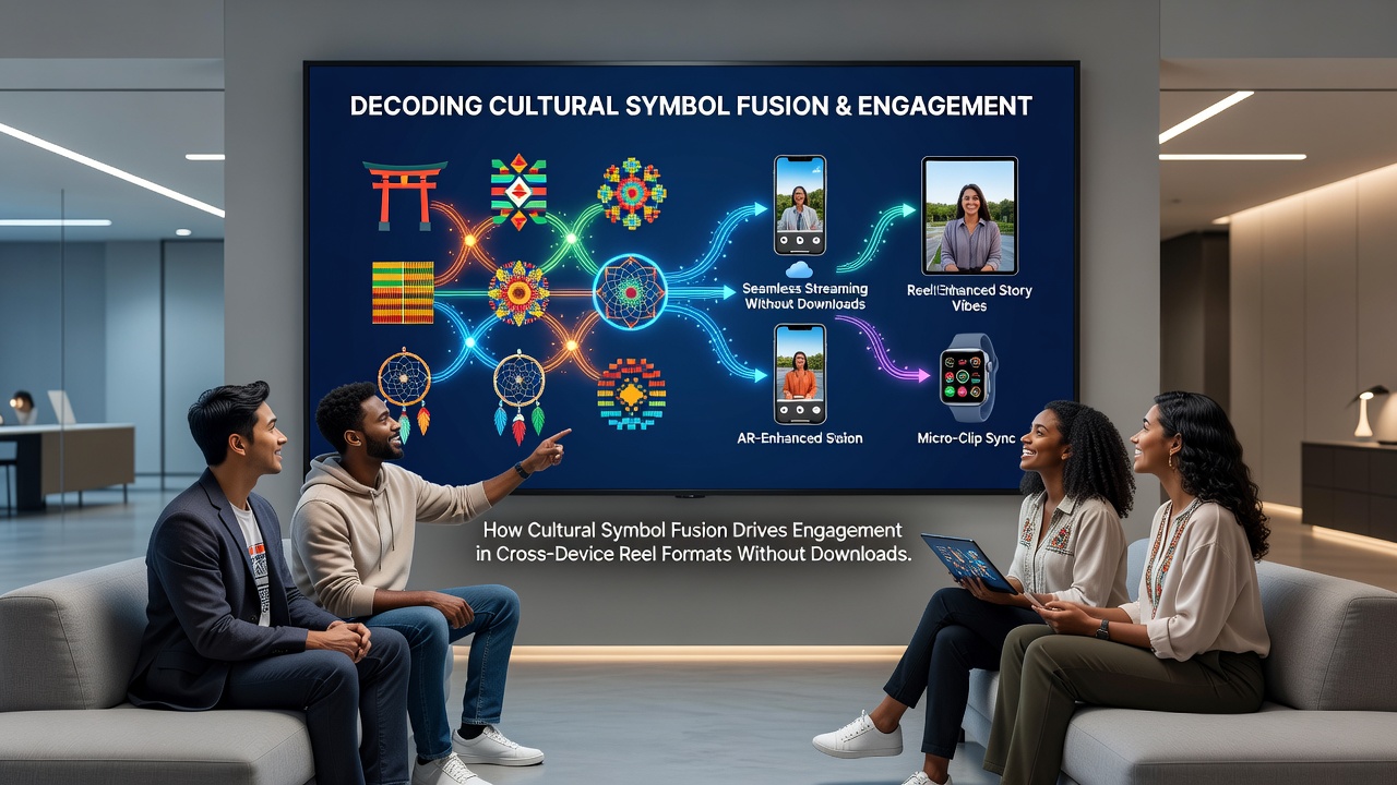 Tablet and smartphone screens displaying reel symbols that merge cultural elements during active gameplay
