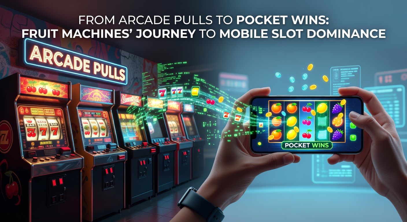 Vintage fruit machine glowing in a dimly lit arcade, levers pulled and reels spinning with cherries, lemons, and bells