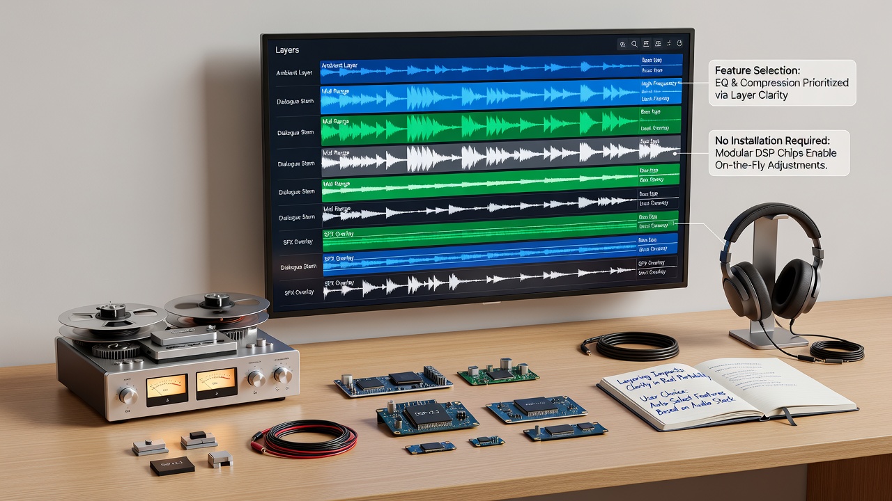 Detailed view of audio waveform layers integrated with reel mechanics on a portable screen