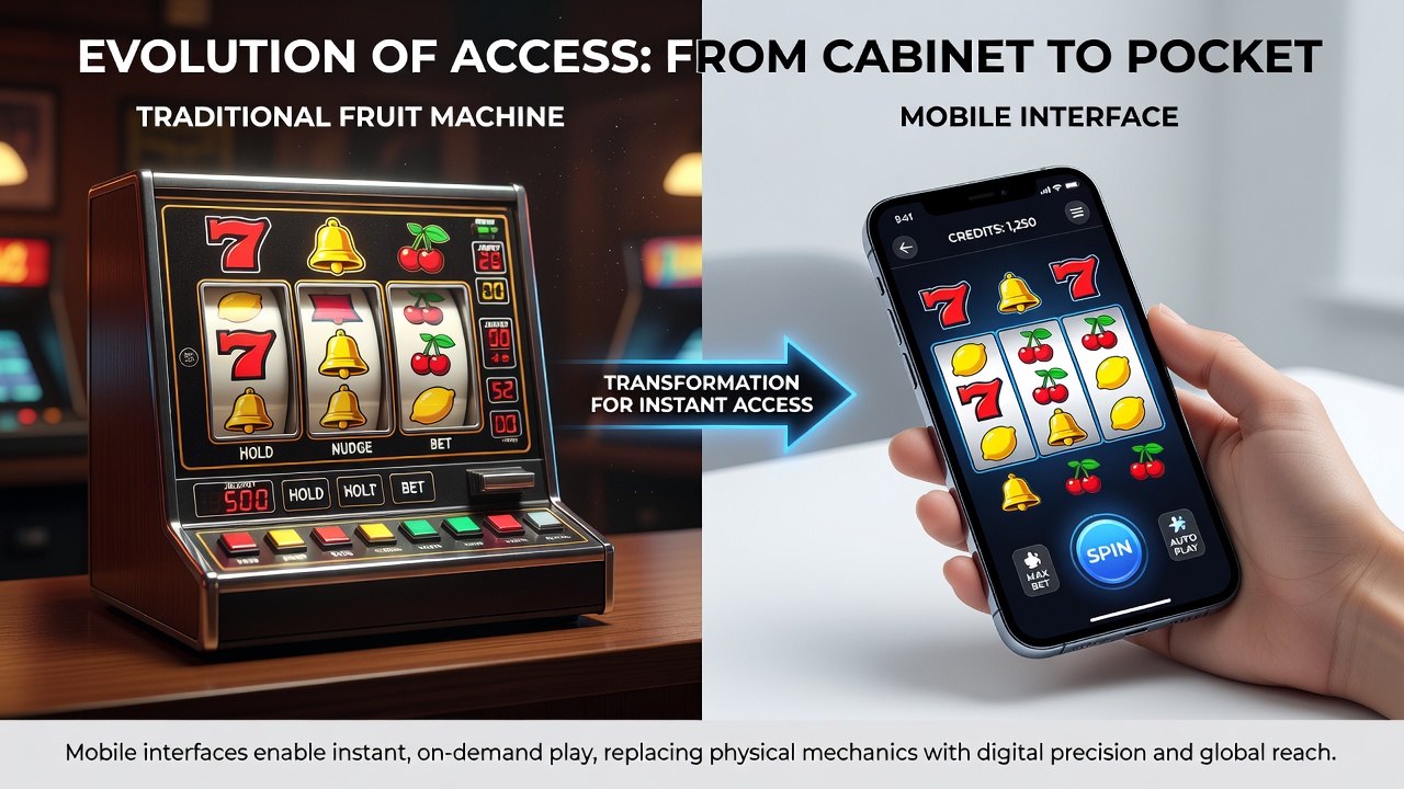 Close-up of mobile fruit machine reels with touch-optimized symbols and instant spin buttons