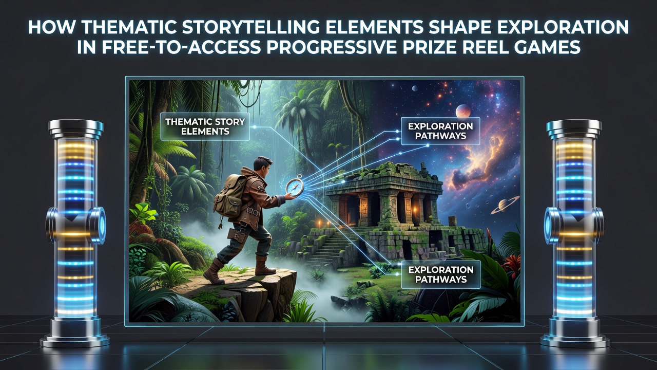 Illustration of thematic storytelling elements in free progressive prize reel games showing narrative-driven exploration paths