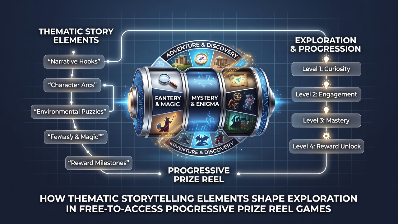 Diagram depicting how story elements guide player exploration through progressive features in free reel games