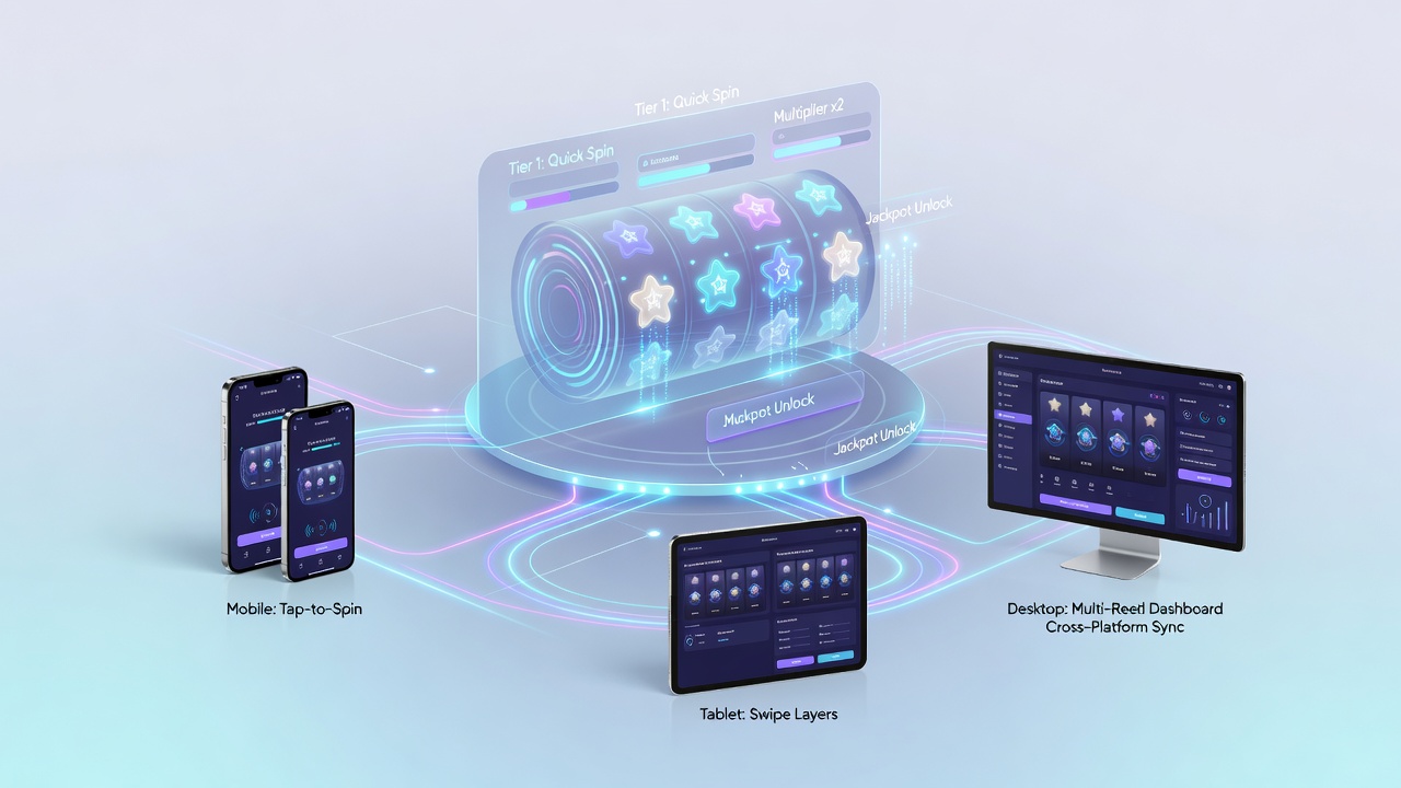 Illustration of reward layer navigation across smartphone tablet and desktop reel simulations