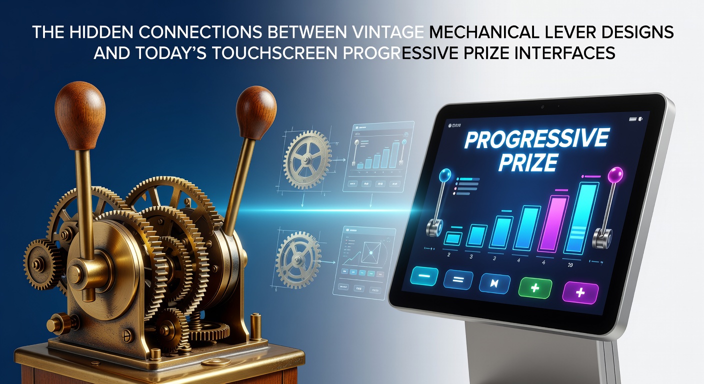 Vintage mechanical lever slot machine next to modern touchscreen progressive prize display showing interface similarities
