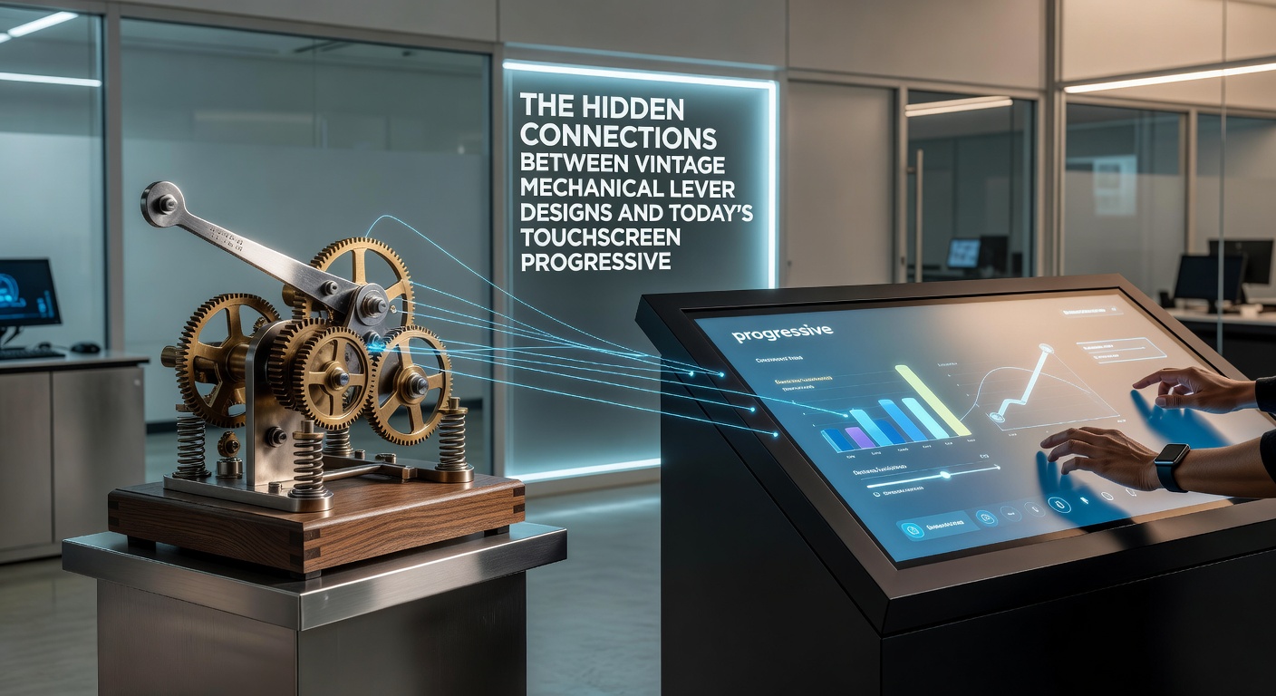 Close-up comparison of mechanical lever components and touchscreen progressive jackpot controls highlighting design parallels