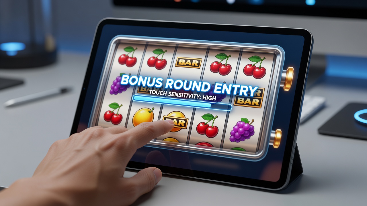 Close-up view of a mobile device screen displaying a 3D fruit machine interface with highlighted touch zones
