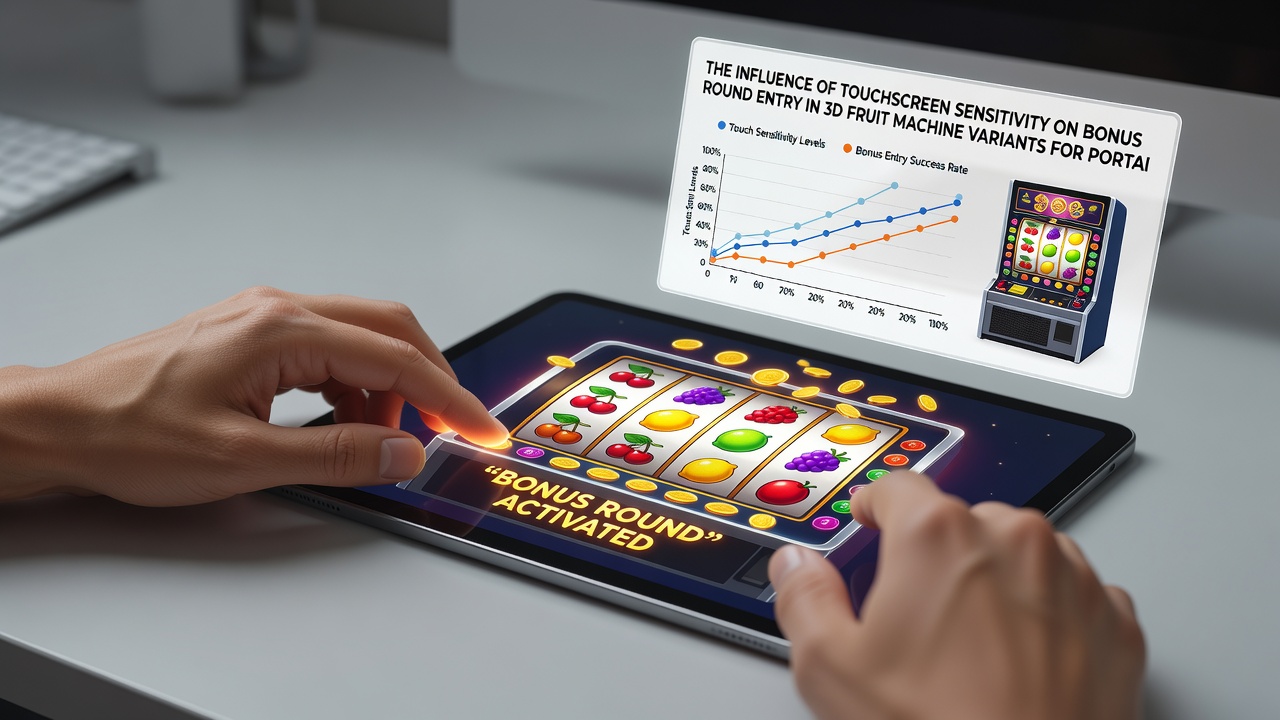 Split-screen comparison showing different touchscreen sensitivity settings affecting bonus symbol selection in a 3D fruit slot game