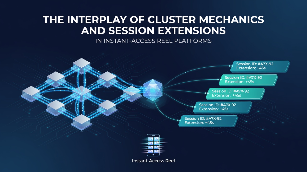 Visualization of cluster pay mechanics forming winning groups on a digital reel grid in mobile instant-access platforms